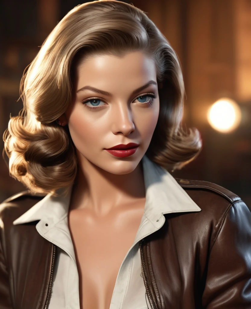 American Plan, ultra net, Face camera, sur fond uni clair, studio, beautiful young woman resembling young Lauren Bacall, 30 ans, yeux bleus, casual wear : Dirty old dark smuggler's dark brown leather bomber jacket,silk shirt, faible revenu, Photorealistic portrait, Perfect detailed body, Stunning realistic photography, rendu 3D, rendu octane, meticulously detailed, cinematic, isometric, Hyperrealistic cover photo centered, awesome color, high-definition, cutscene, gagnant du concours Behance, ultra high def, 8k, mise au point ultra nette, Intricate masterpiece of art