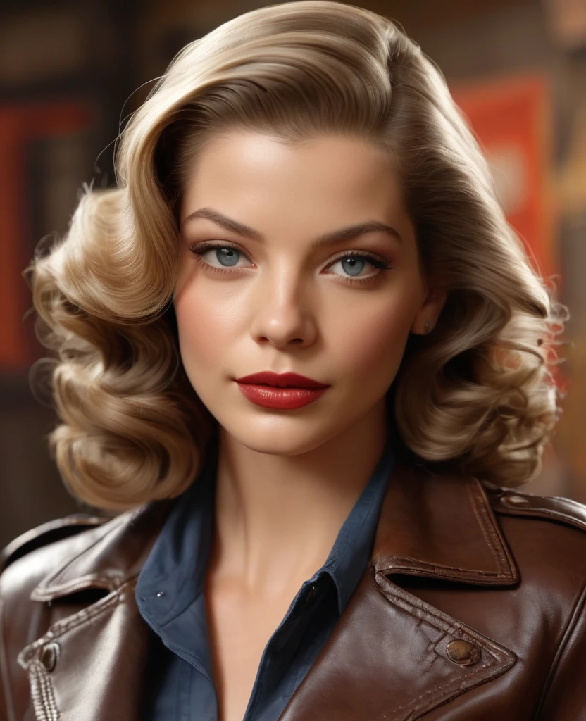 American Plan, ultra net, Face camera, sur fond uni clair, studio, beautiful young woman resembling young Lauren Bacall, 30 ans, yeux bleus, casual wear : Dirty old dark smuggler's dark brown leather bomber jacket,silk shirt, faible revenu, Photorealistic portrait, Perfect detailed body, Stunning realistic photography, rendu 3D, rendu octane, meticulously detailed, cinematic, isometric, Hyperrealistic cover photo centered, awesome color, high-definition, cutscene, gagnant du concours Behance, ultra high def, 8k, mise au point ultra nette, Intricate masterpiece of art