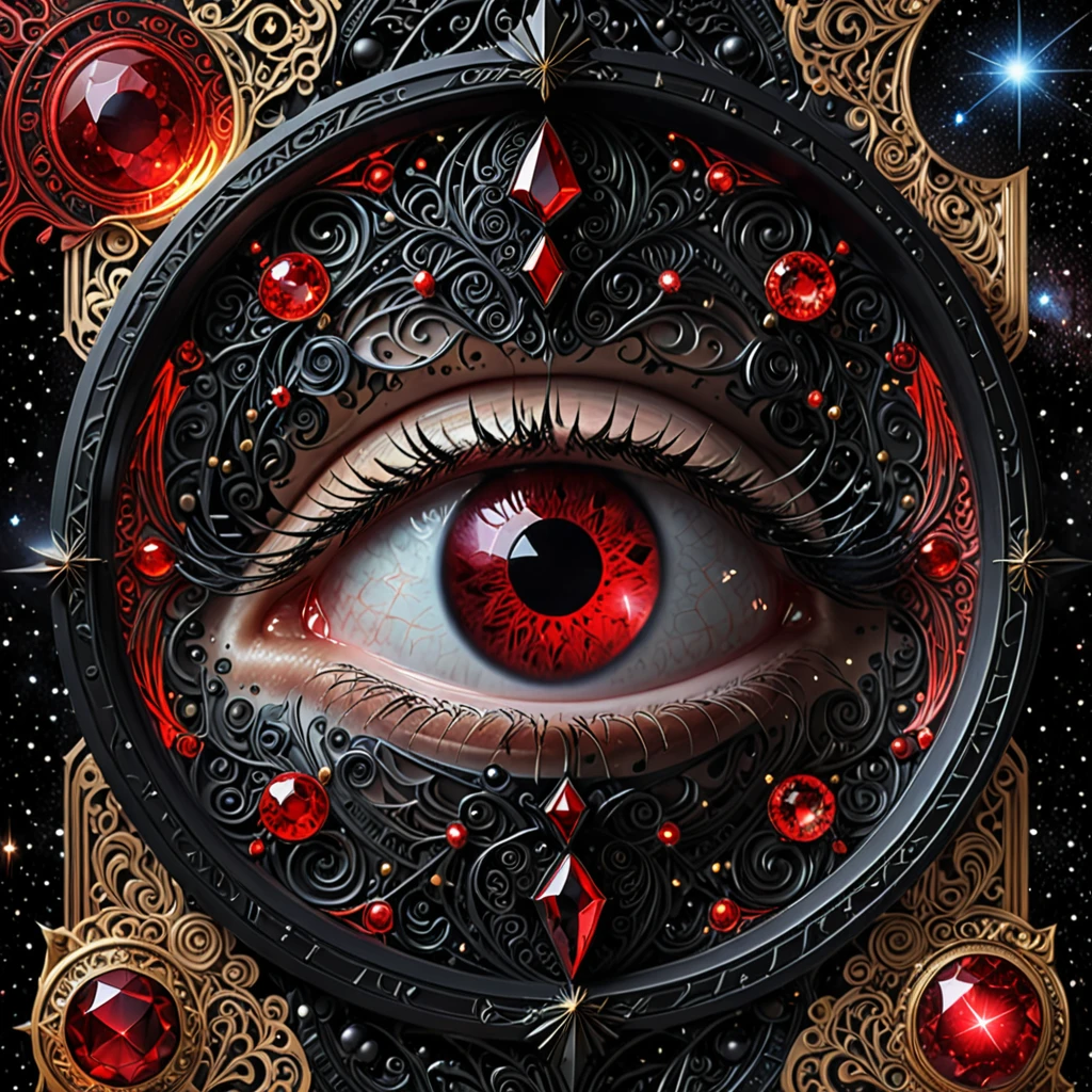 A high-resolution image red and black color. (1eye) intense and piercing, set against a backdrop of The (scale:1.8) form intricate, complex patterns representing wisdom and the universe. Interspersed among the scale are black gems, their facets catching light and adding depth. The background is a cosmic scene with stars and nebulas, enhancing the theme of the universe. The lighting is soft, highlighting the red eyes and the gleaming black gems, creating a mystical and profound atmosphere.