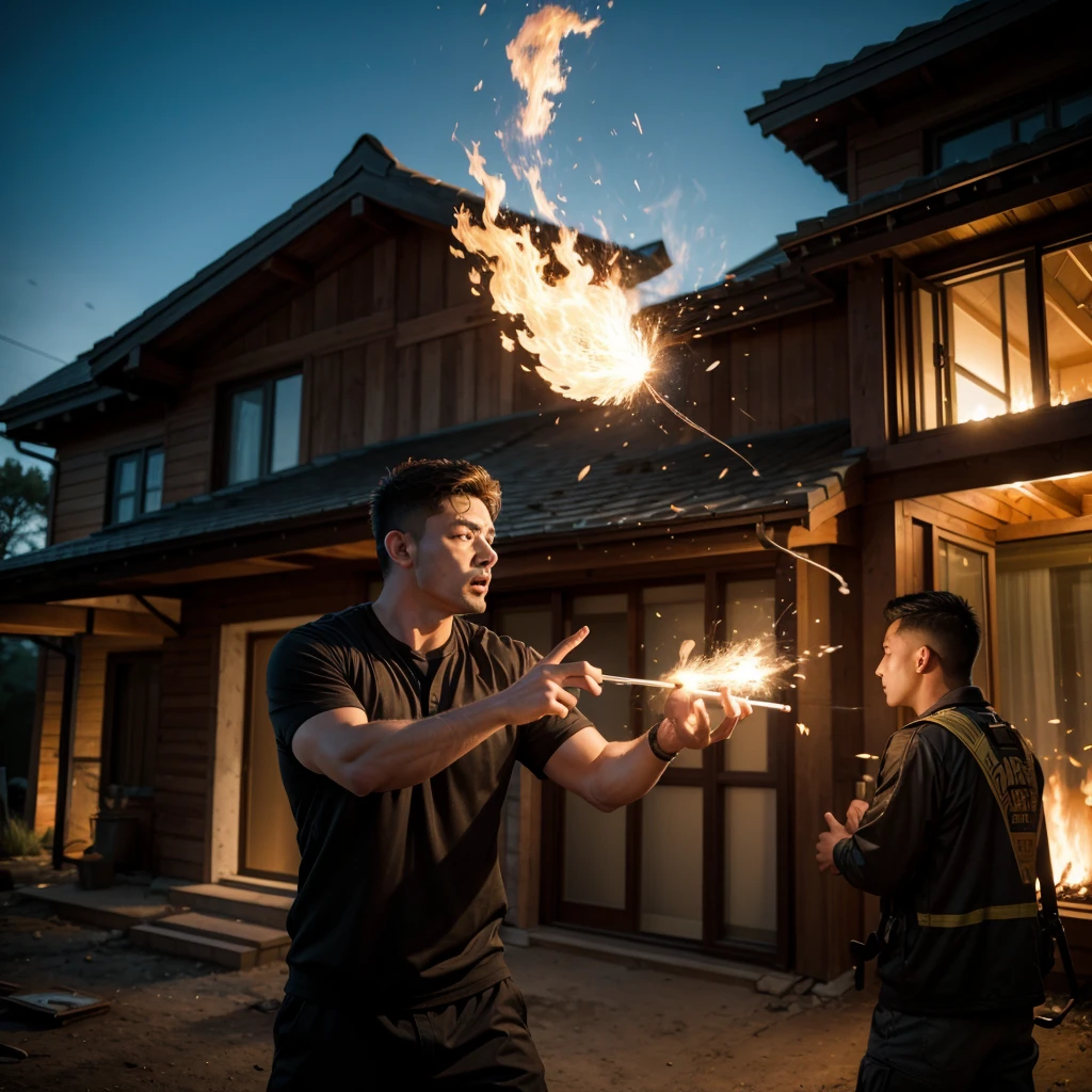 A man throwing a blast of fire at a house