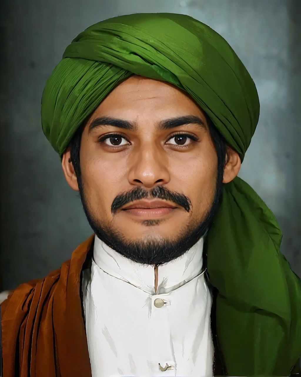 Muslim man, brown skin aged 40 years or over, wearing a shabby cloth robe, cloth turban. Hd realistic photos