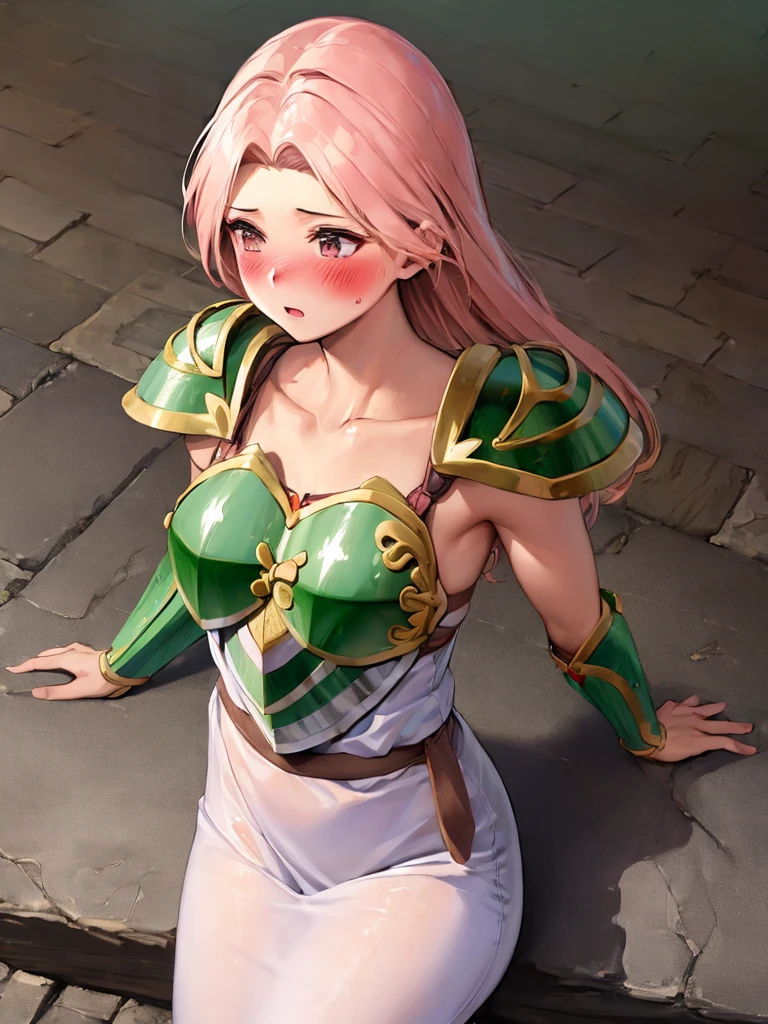 masterpiece, ultra-detailed, best quality, extremely detailed, 8k, high res, realistic, 1girl, 18yo, beautiful girl,BREAK,(Armor:1.8),白いドレス(blush:1.5),BREAK,(Navel exposed:1.4),剣を構える,