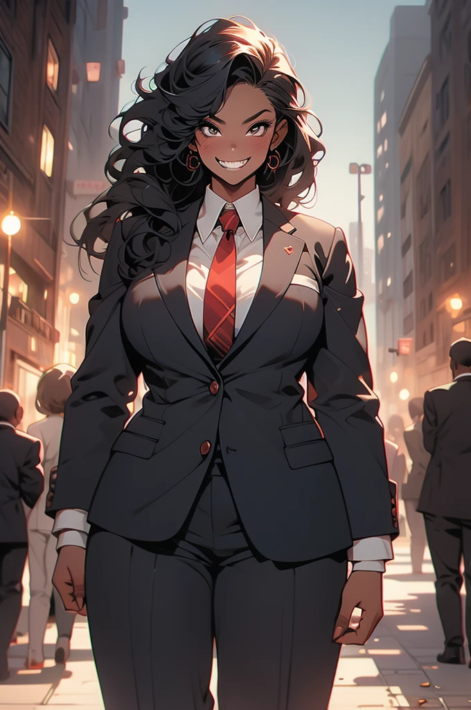 1girl, goblin girl, shortstack, plump, black hair, evil grin, sharp teeth, red skin, dark skin, business suit