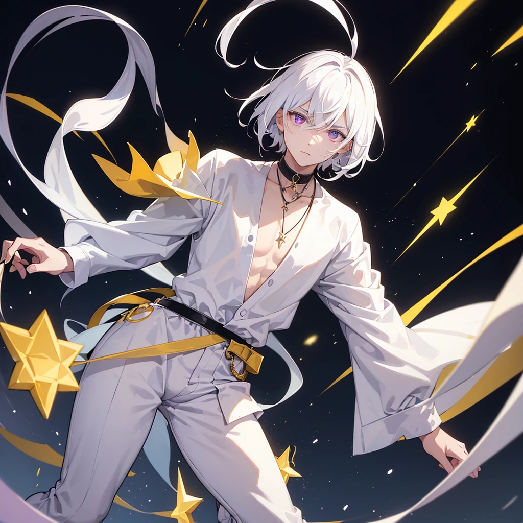 A Boy With Medium-Length Straight White Hair at Neck Length, He has violet eyes with a white circle in the iris, for clothes he wears a wide white t-shirt with another underneath in black with yellow stripes, with Violet Pants with Lightning Details. Stylish Black Sneakers and an Eye Necklace. and also he has a strong red eyeliner on his eyes and a black line on his throat with some ripples and a yellow 4-sided star in the center of it.. He has a cold and serious personality with a more triangular and mature face..