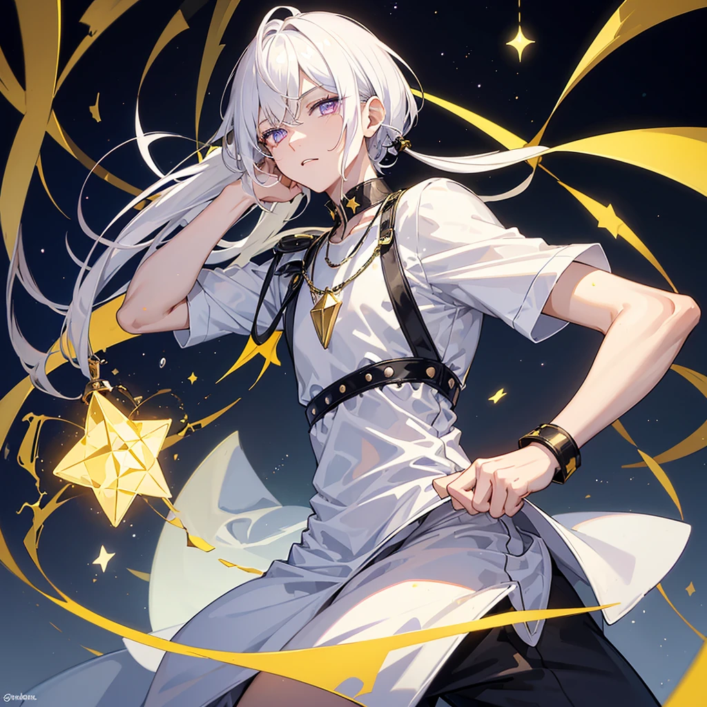 A Boy With Medium-Length Straight White Hair at Neck Length, He has violet eyes with a white circle in the iris, for clothes he wears a wide white t-shirt with another underneath in black with yellow stripes, with Violet Pants with Lightning Details. Stylish Black Sneakers and an Eye Necklace. and also he has a strong red eyeliner on his eyes and a black line on his throat with some ripples and a yellow 4-sided star in the center of it.. He has a cold and serious personality with a more triangular and mature face..