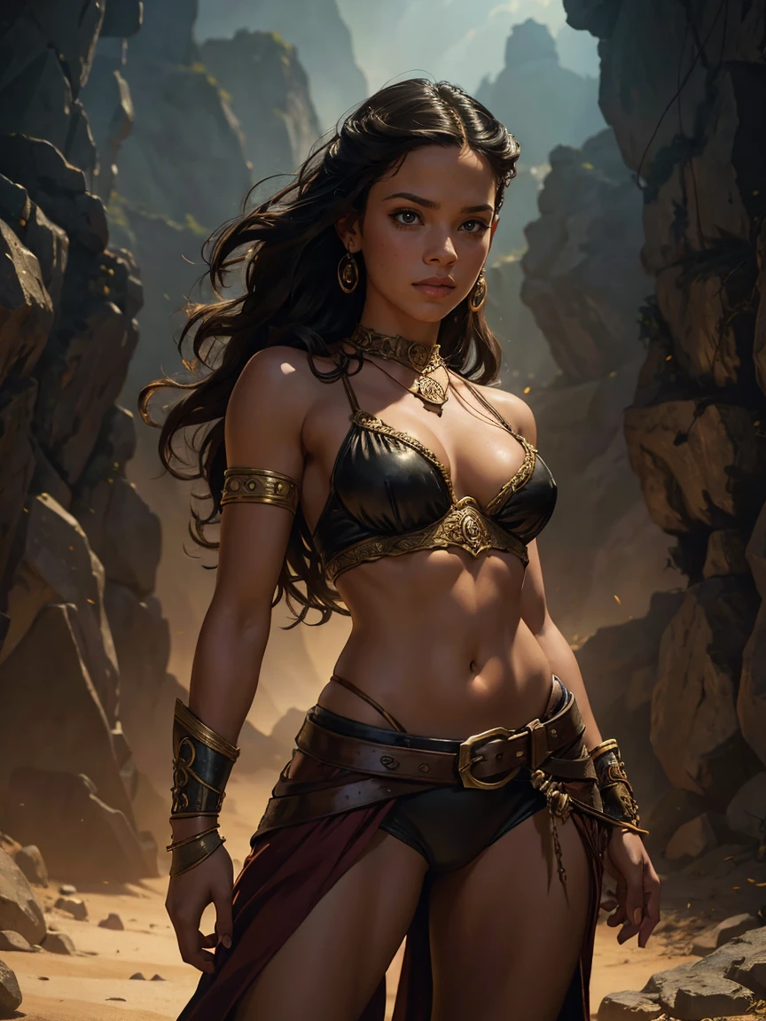 a young woman from the early 18th century based on Jenna Ortega, dungeons and Dragons 5th edition fantasy illustration, highly detailed cinematic fantasy portrait, black outlining, full color illustration, in the style of BORIS VALLEJO & JULIE BELL, masterpiece, 8k, ultra-detailed, physically-based rendering, vivid colors, dramatic lighting, intricate background, fantasy, photorealistic