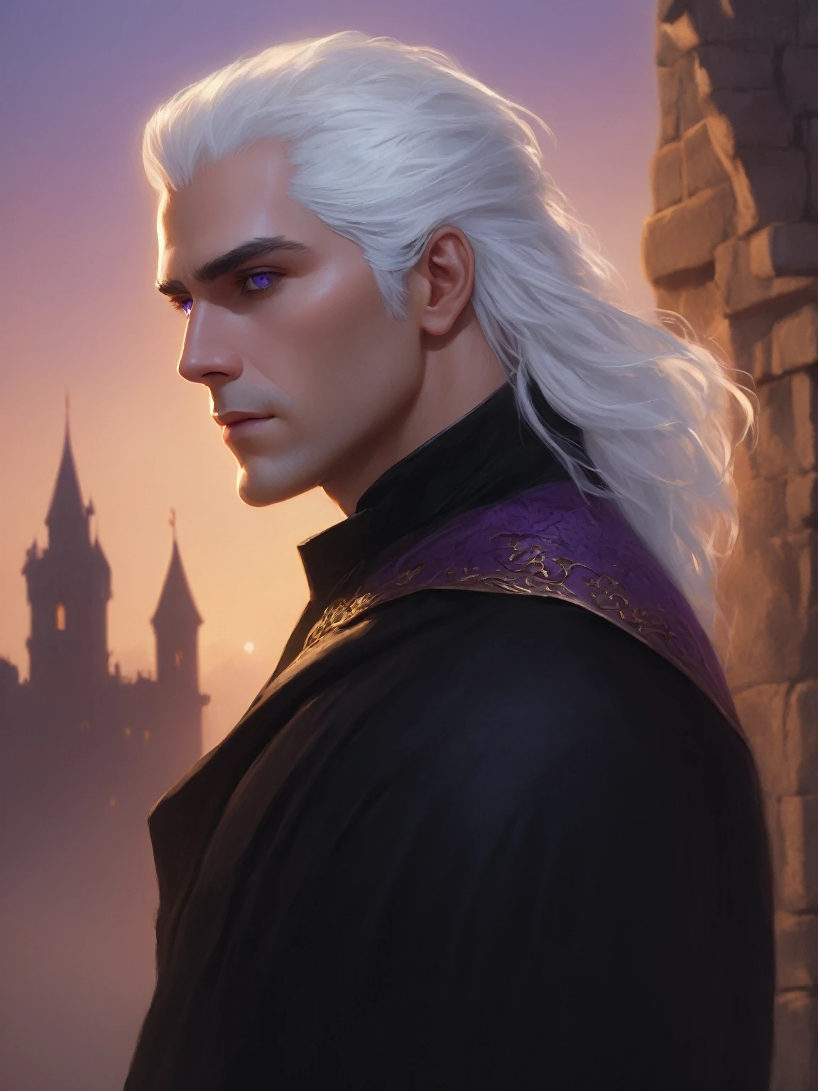 ((best quality),(masterpiece),(detailed),perfect face,a man with white hair and purple eyes, dressed in black clothes, castle behind,beautiful,(cinematic),(dramatic lighting),(digital painting),(photorealistic),(ultra-realistic),(hyper detailed),(epic),(fantasy),(cinematic composition),(heroic pose),(dramatic), (perfect eyes)