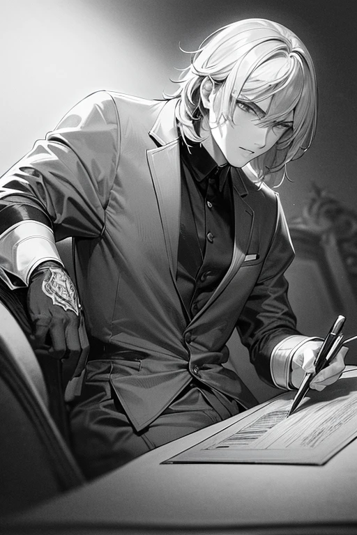 A strikingly handsome young man, detailed pen and ink sketch, high contrast black and white, masterful shading and linework, chiaroscuro lighting, dramatic expression, intense gaze, elegant pose, intricate details, photorealistic, hyperrealistic, cinematic, intricate textures, delicate hatching, sharp focus, rich tones, striking atmosphere, atmospheric, moody, evocative, compelling, masterpiece