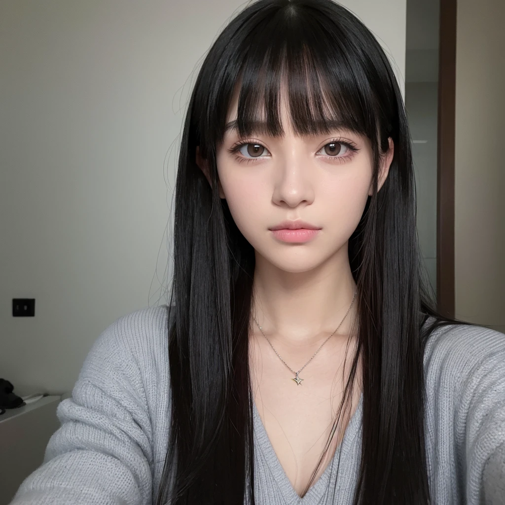 A white girl with black hair who wears bangs, her hair is long and her bangs go to her eyebrows, taking a selfie, she is wearing a star necklace, the photo is supposed to be gray and black, SHE IS SERIOUS, the image has to be as realistic as possible , She is Brazilian , shes alone, she is 17 years old, your eyes are delicate, she is wearing a little eyeliner, your nose is beautiful and your mouth is pink 