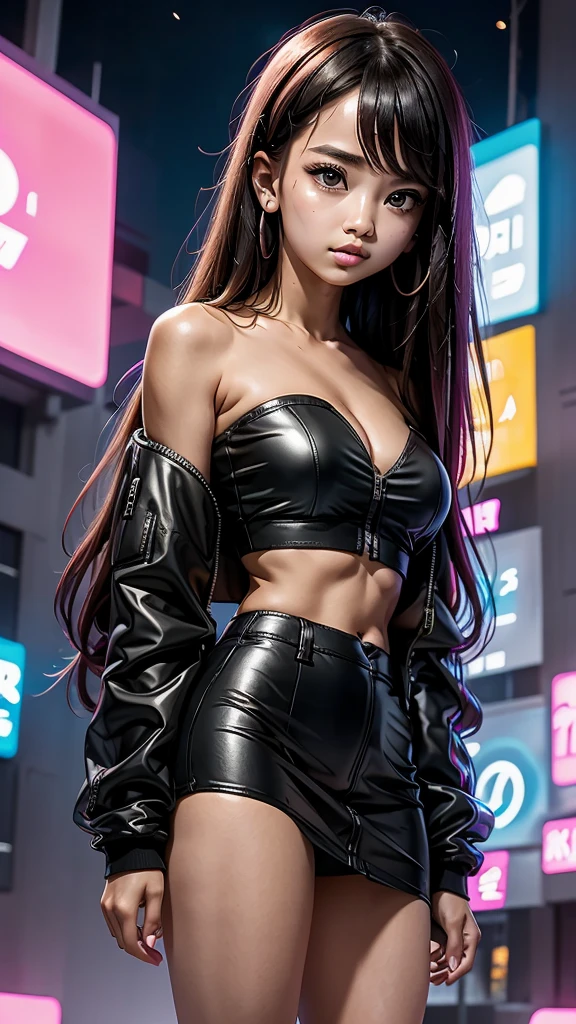 The character costume is KPOP, Hallyu, K-pop anime art style, Hallyu frontline style, Hallyu art style, kpop style, official artwork, Chibi art, Pisif, Blackpink style, cute. KPOP artwork in various poses, The popularity of Pisif art station, lingerie, 16 year old chibi, No watermark, Extra close-fitting mini skirt, open jacket, extra short clear top Strapless, cleavage, style clothing cyberpunk, smallest short short, wide angle, short top, very short,