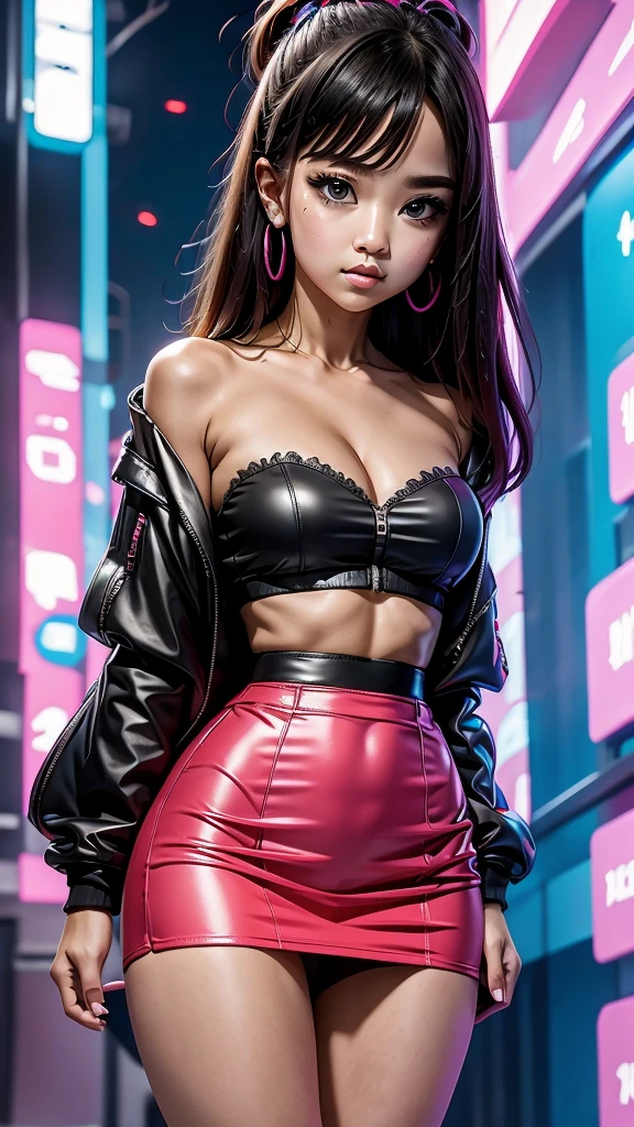 The character costume is KPOP, Hallyu, K-pop anime art style, Hallyu frontline style, Hallyu art style, kpop style, official artwork, Chibi art, Pisif, Blackpink style, cute.     KPOP artwork in various poses, The popularity of Pisif art station, lingerie,  chibi, No watermark, Extra close-fitting mini skirt, open jacket, extra short clear top Strapless, cleavage, style clothing cyberpunk, smallest short short, wide angle, short top, very short, 