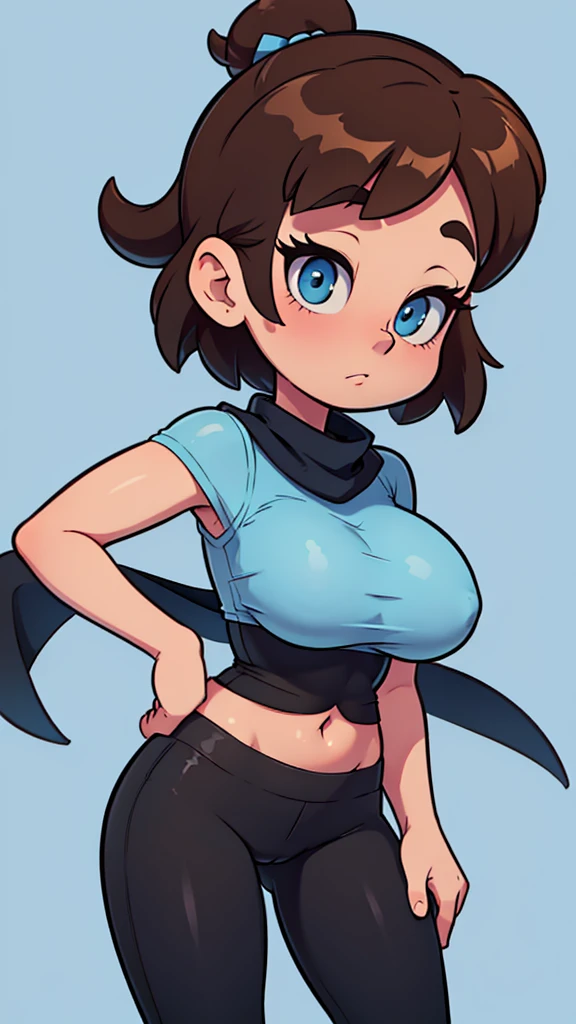 A sexy girl with a big breast, short brown hair, a circular short, her black eye, wears a light blue top, shows a navel, a ribbon, a curved black scarf, and tight black pants with a large thigh.