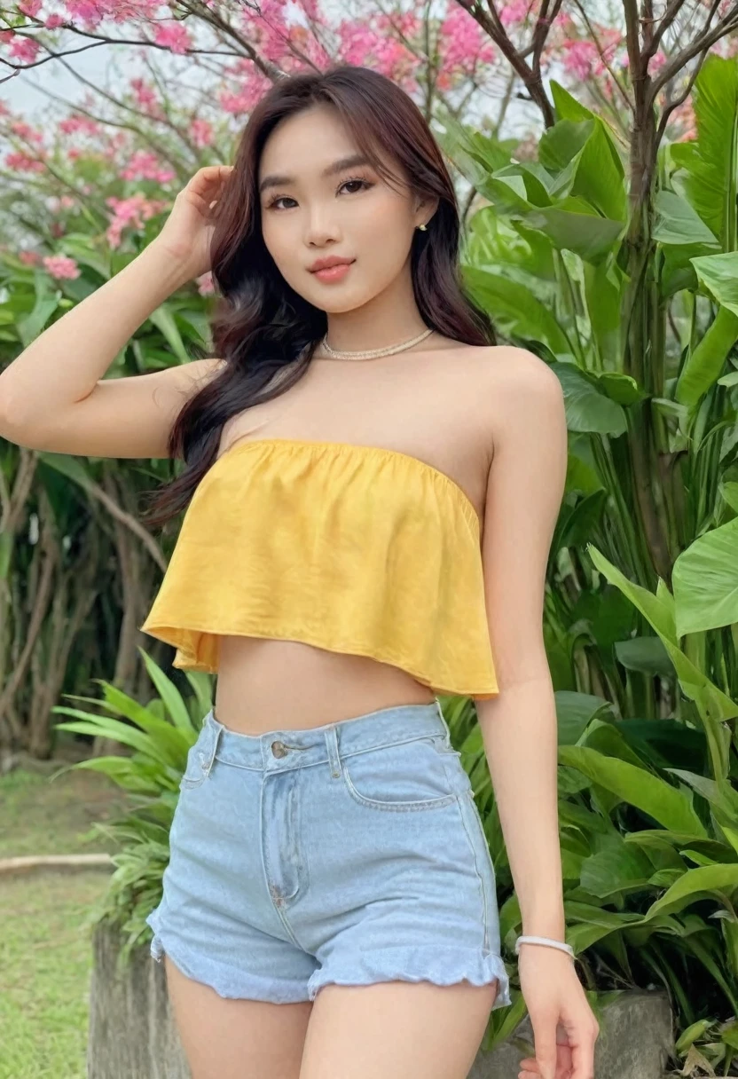 ((Best resolution)), ((high quality:1.2)), 8k, extremely detailed, ((High detail:1.2)), (Hotlexi woman), Solo, 24 year old Vietnamese female, (mini-shorts, crop strapless),
