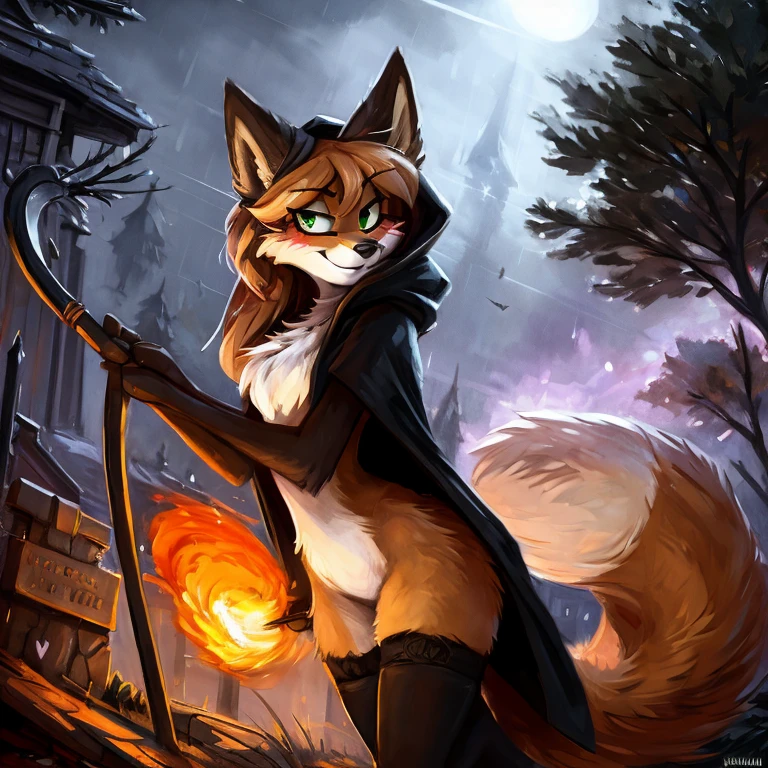 uploaded to E621, by kenket, by Kilinah, by Einshelm, by fluff-kevlar, by foxovh, beautiful and detailed portrait of an anthropomorphic vixen ((female))), (detailed averi), (detailed lighting), (detailed fur), (detailed ), BREAK, (cinematic lighting), ((detailed background)), ((depth of field)), (half body shadow), ((looking at viewer)), [backlighting], [detailed ambient light], [ambient light on the belly], [realistic proportions], [explicit content, adult, nsfw], [sharp focus], (questionable content), (shaded), (hi res), ((masterpiece)), (Averi, Fox girl), (anthro, fluffy fur), anthro fox girl, body fur, curvy, sexy, n, cute, hot, sassy, sassy hips, (Averi, Fox girl), green eyes, solo, blush, smug smile, graveyard, trees, flat chest, chest fluff, striped thigh highs, colorful thigh highs, high socks, thigh high socks, striped high socks, scarlet garters encircling the thighs, legs adorned with colorful fabric, speech bubble, heart, hearts, seductive pose, leaning to a tree, sexy pose,ght, rain, wet fur, tail tip emanating magnificent magical fire, scarlet fire encircling the tail tip, fiery tail tip, fiery magical tail, magical tail fire, scythe with sharp blade, grim reaper's scythe, grim reaper girl, grim reaper, scythe, wearing grim reaper's cloth, dark hooded cloak, rugged broken clothes, wielding a scythe, clothes being blown by wind