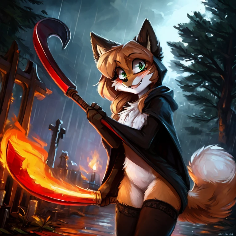 uploaded to E621, by kenket, by Kilinah, by Einshelm, by fluff-kevlar, by foxovh, beautiful and detailed portrait of an anthropomorphic vixen ((female))), (detailed averi), (detailed lighting), (detailed fur), (detailed breasts), BREAK, (cinematic lighting), ((detailed background)), ((depth of field)), (half body shadow), ((looking at viewer)), [backlighting], [detailed ambient light], [ambient light on the belly], [realistic proportions], [explicit content, adult, nsfw], [sharp focus], (questionable content), (shaded), (hi res), ((masterpiece)), (Averi, Fox girl), (anthro, fluffy fur), anthro fox girl, body fur, curvy, sexy, nice, cute, hot, sassy, sassy hips, (Averi, Fox girl), green eyes, solo, blush, smug smile, graveyard, trees, flat chest, chest fluff, striped thigh highs, colorful thigh highs, high socks, thigh high socks, striped high socks, scarlet garters encircling the thighs, legs adorned with colorful fabric, speech bubble, heart, hearts, seductive pose, leaning to a tree, sexy pose, night, rain, wet fur, tail tip emanating magnificent magical fire, scarlet fire encircling the tail tip, fiery tail tip, fiery magical tail, magical tail fire, scythe with sharp blade, grim reaper's scythe, grim reaper girl, grim reaper, scythe, wearing grim reaper's cloth, dark hooded cloak, rugged broken clothes, wielding a scythe, clothes being blown by wind