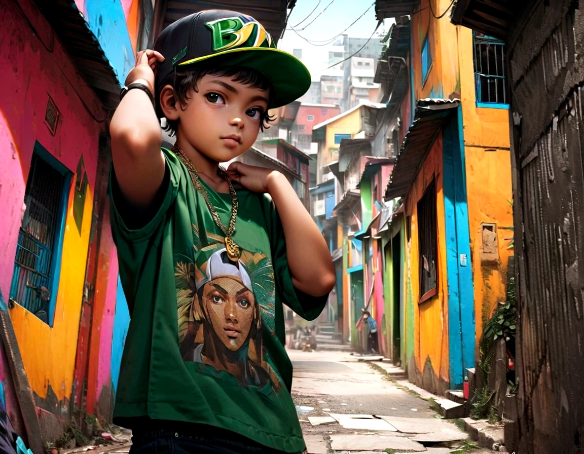 wearing snapback hat Brazil, and gold hip hop chain with pendant "84", pose ,hyper realist, colors of brazil in the favela