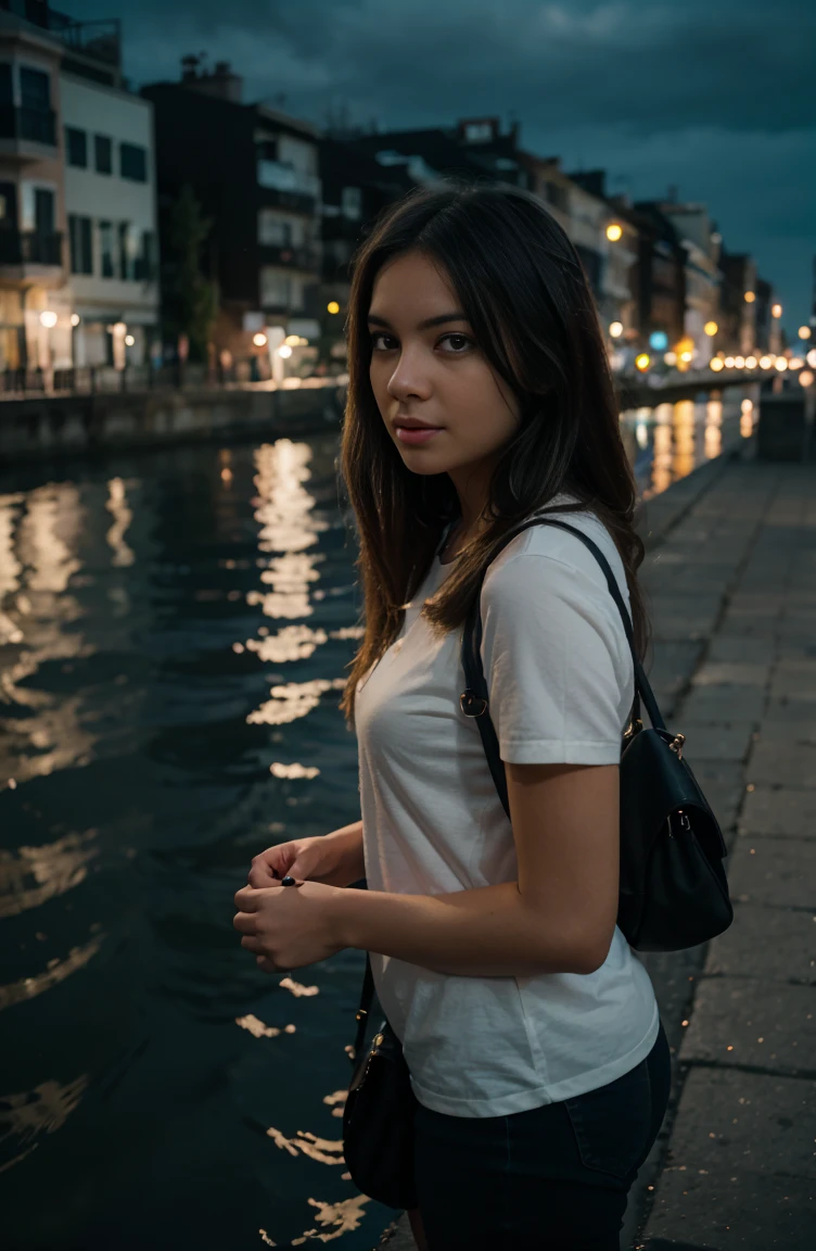 a girl standing in front of a city river,night time,lighting,she looks buttyful