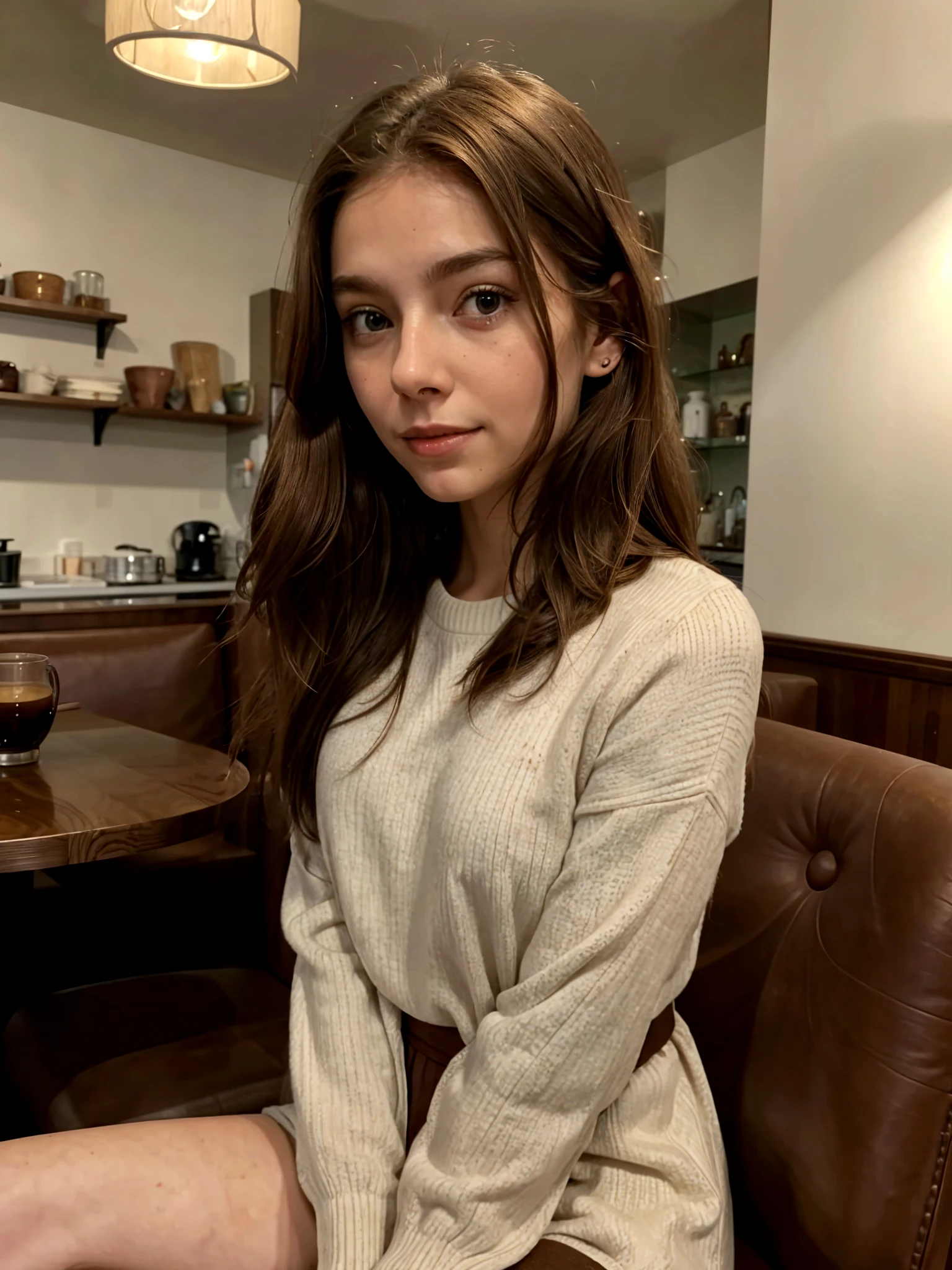 Generate: Realistic, amber haired girl
Face: brown eyes, small frekels (very low quantity), smooth small nose, ears part visible
Body: wearing red wool pullover, see thru , small waist, thick , hips: middle wide,
Environment: amsterdam cirty cafe at day
Lighting : dawn but generated person fully visible.
Body position: sitting down on a brown chair
Coffee in hand
Make the face a little less smooth and add a few freckels to the nose and cheeks
