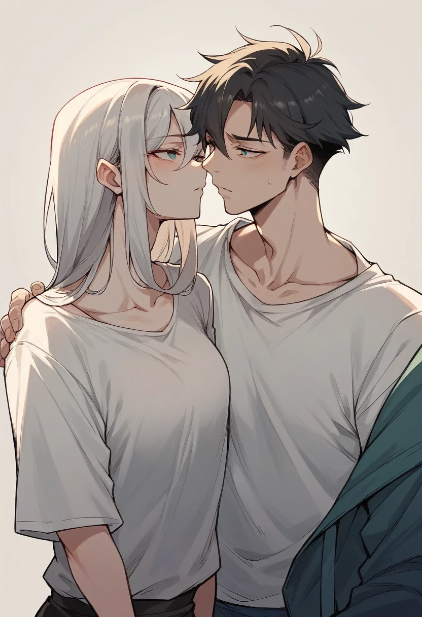 Young black haired man in love with white haired girl grey eyes