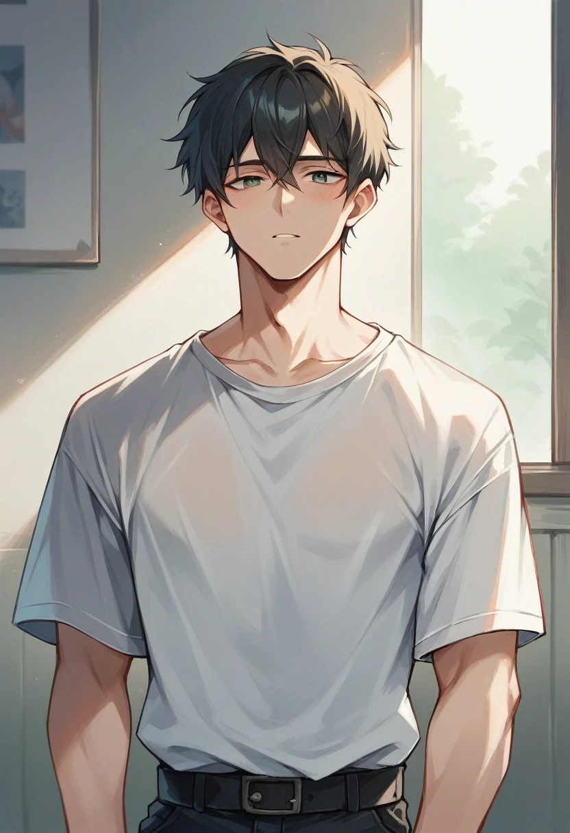 I draw a very beautiful boy wearing a long shirt and no pants