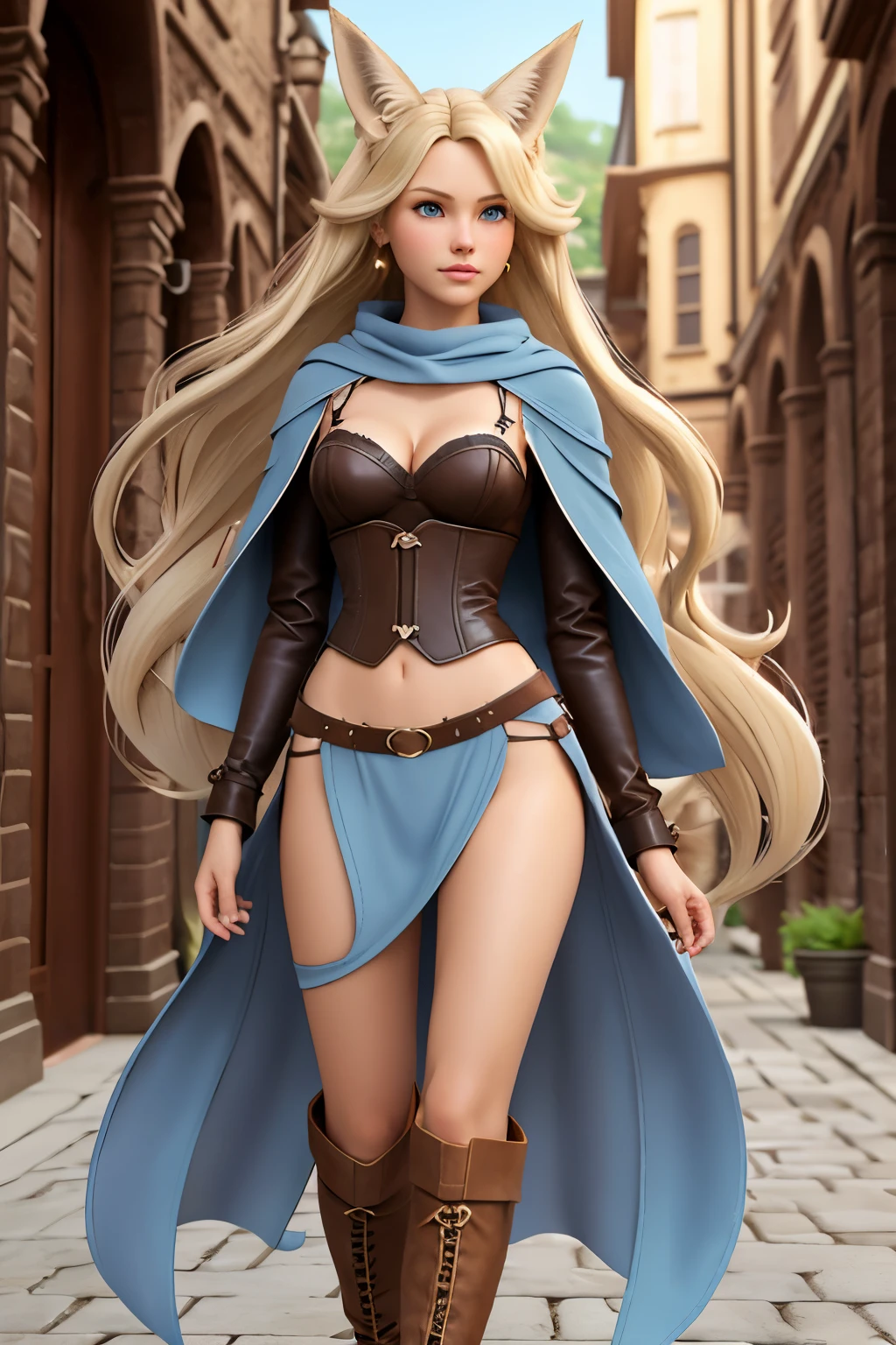 Beautiful 1girl, full body, ager, solo, (very long waist length blonde hair, straight blonde hair: 1.28), ((light blue eyes)), clear skin, (large darker fox ears: 1.35), pale skin, medium breasts, cleavage, (thin hips, thin waist , athletic body: 1.25),  background, looking away, (revealing clothes, brown leather, cowl, cloak, corset, skirt, long boots, buckles, straps, pouches,  fabric, brown leather: 1.1), walking through a courtyard, masterpiece, best quality,3d rending work ,3DMM style, close-up, portrait, 3D,