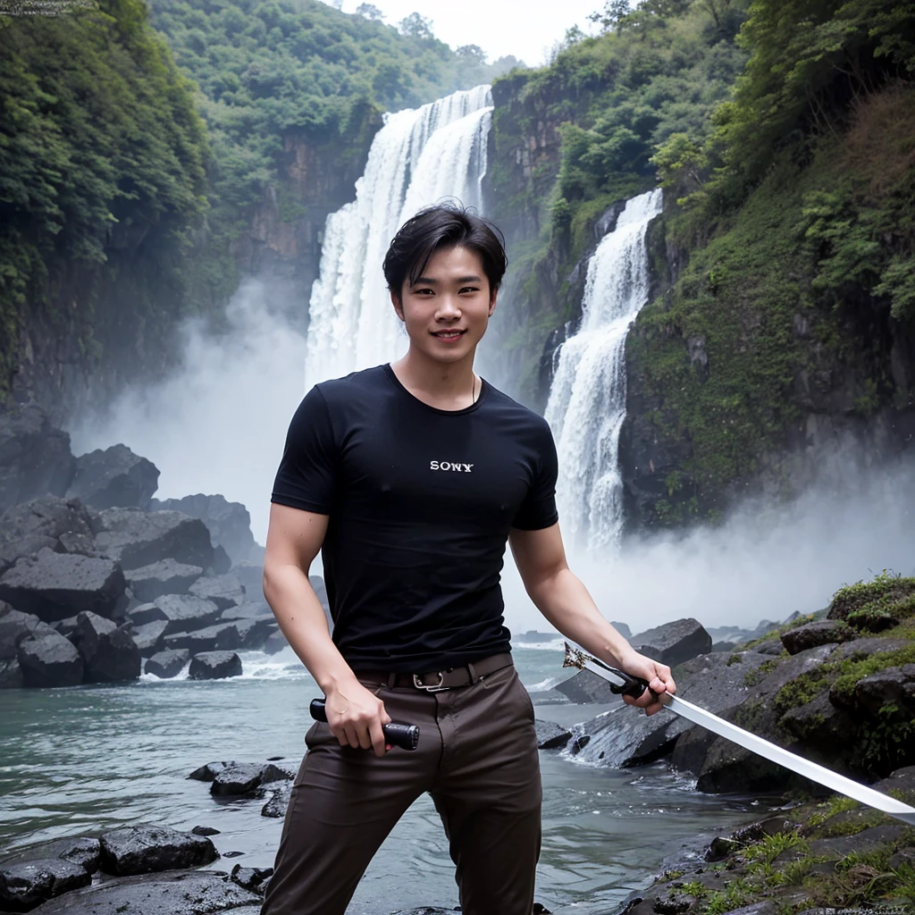 Professional photography masterpiece with 1 model: a confident, charming Indonesian man in modern casual trendy attire, 25 years old, with a subtle smile, looking happy, holding a long sword with intricate tribal neon glowing, posing to attack an opponent forward, against a breathtaking waterfall backdrop with added mist, resembling a Sony 7000D photo, in high definition with dramatic lighting and added dramatic color effects.