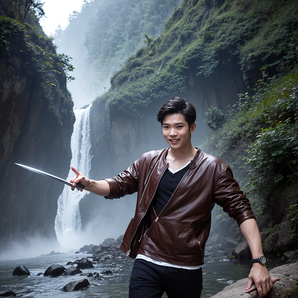 Professional photography masterpiece with 1 model: a confident, charming Indonesian man in modern casual trendy attire, 25 years old, with a subtle smile, looking happy, holding a long sword with intricate tribal neon glowing, posing to attack an opponent forward, against a breathtaking waterfall backdrop with added mist, resembling a Sony 7000D photo, in high definition with dramatic lighting and added dramatic color effects.