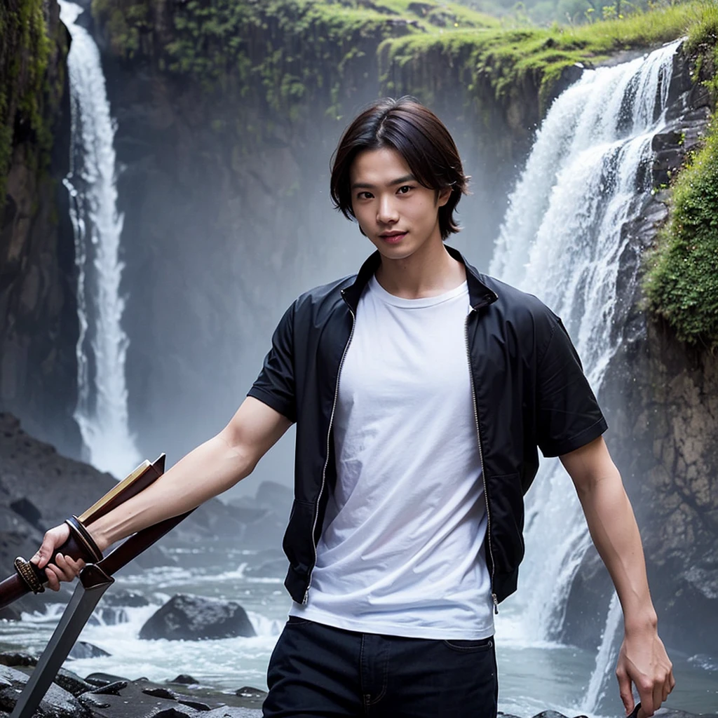 Professional photography masterpiece with 1 model: a confident, charming Indonesian man in modern casual trendy attire, 25 years old, with a subtle smile, looking happy, holding a long sword with intricate tribal neon glowing, posing to attack an opponent forward, against a breathtaking waterfall backdrop with added mist, resembling a Sony 7000D photo, in high definition with dramatic lighting and added dramatic color effects.