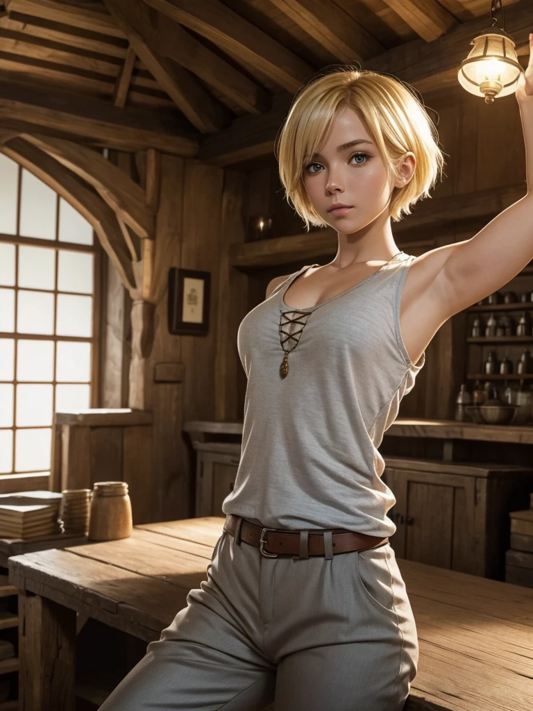 I want to see a blonde girl with short hair. She is dressed in humble medieval clothing, pants and sleeveless shirt. His arms are strong. Under the shirt you can sense a small and firm chest. It is in the room of an inn built of wood..