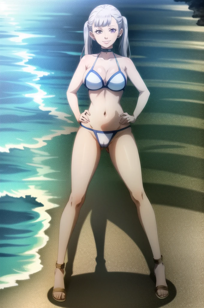 Noelle_BlackClover, earrings, twintails, jewelry, hand on hip, purple eyes, full body, standing, choker, grey hair, long hair, 1girl, solo, looking at viewer, smile, big breasts, lips, white bikini, huge breasts, small waist, thick thighs, nice thighs, cameltoe, in water, wet, at beach, ocean, waves, clear water, sunny sky, bright day, clear sky, cleavage, perfect quality, good quality, masterpiece, HDR, UHD, 4K, ultra hd, in frame, perfect quality, good quality,