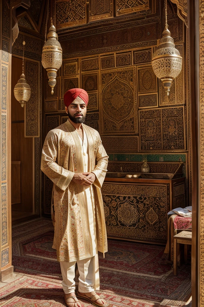 Create an image of Virat Kohli dressed in traditional Iranian attire. He should be wearing a classic Persian robe with intricate patterns and a turban. The setting is a historical Persian market, with vibrant colors and detailed backgrounds showcasing Persian architecture and cultural elements."