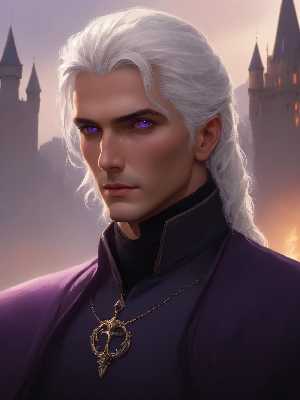 ((best quality),(masterpiece),(detailed),perfect face,a man with white hair and purple eyes, dressed in black clothes, castle behind,beautiful,(cinematic),(dramatic lighting),(digital painting),(photorealistic),(ultra-realistic),(hyper detailed),(epic),(fantasy),(cinematic composition),(heroic pose),(dramatic), (perfect eyes)