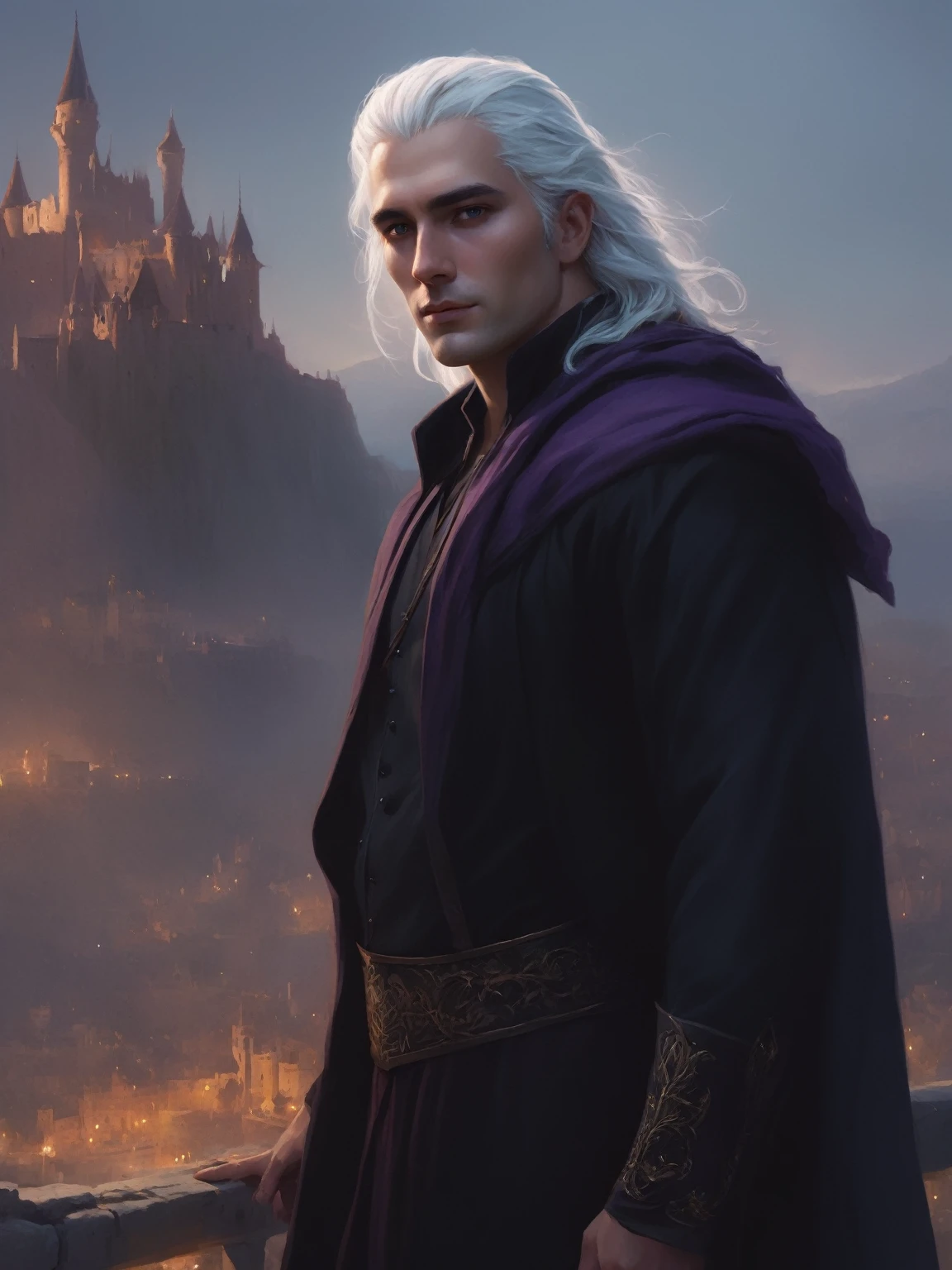 ((best quality),(masterpiece),(detailed),perfect face,a man with white hair and purple eyes, dressed in black clothes, castle behind,beautiful,(cinematic),(dramatic lighting),(digital painting),(photorealistic),(ultra-realistic),(hyper detailed),(epic),(fantasy),(cinematic composition),(heroic pose),(dramatic), (perfect eyes)