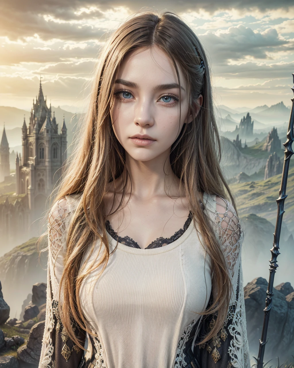a highly detailed gothic fantasy landscape, intricate fantastical architecture, deep saturated colors, dramatic lighting, ornate gothic details, atmospheric fog, dramatic clouds, mysterious portal, otherworldly flora and fauna, hyper-detailed textures, cinematic composition, photo-realistic, unreal engine 5, 8k resolution, masterpiece, complementary colors, stunning fantasy concept art