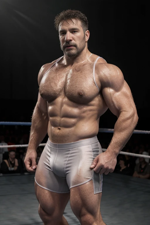 (((Muscular man))) masterpiece, best quality, high resolution, closeup portrait, male focus, solo focus, A man, 50 years old, grey hair, Wrestling player, wrestler player, grey silver hair, messy hairstyle, cute and seductive face, bare chest, body hair, facial hair, roman nose, , hairy legs, cute, dimples, goatee and mustache, bold jawline , full body, sweaty, in the city, amazing composition, , HDR, ultra quality, elegant, highly detailed,, beautiful asd, realisric male genitalia (((Big muscles))) (((Wrestling clothes)))