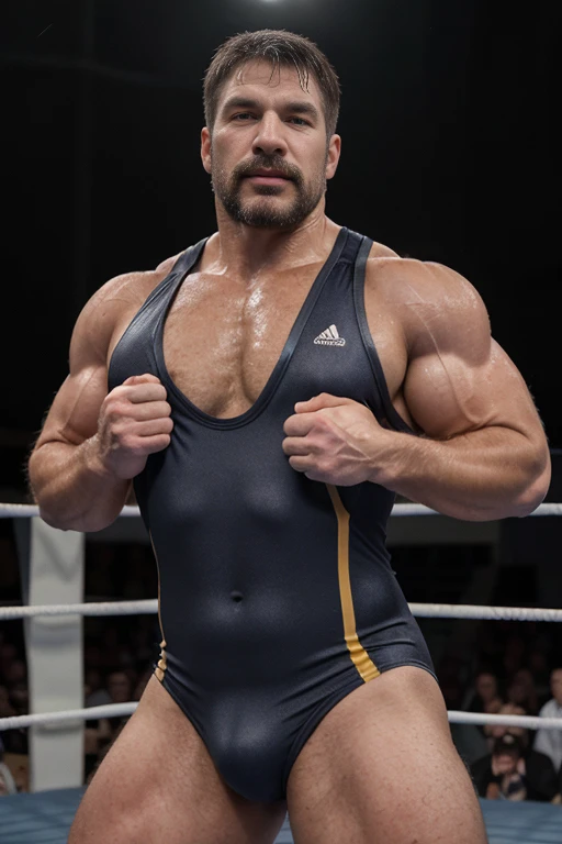 (((Muscular man))) masterpiece, best quality, high resolution, closeup portrait, male focus, solo focus, A man, 50 years old, grey hair, Wrestling player, wrestler player, grey silver hair, messy hairstyle, cute and seductive face, bare chest, body hair, facial hair, roman nose, , hairy legs, cute, dimples, goatee and mustache, bold jawline , full body, sweaty, in the city, amazing composition, , HDR, ultra quality, elegant, highly detailed,, beautiful asd, realisric male genitalia (((Big muscles))) (((Wrestling clothes)))