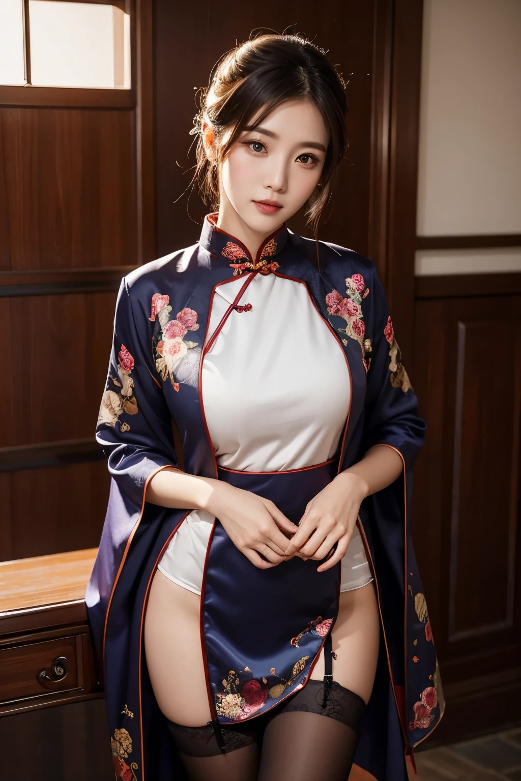 Beautiful woman wearing cheongsam and stockings, robed, Stately, Joshinhan,