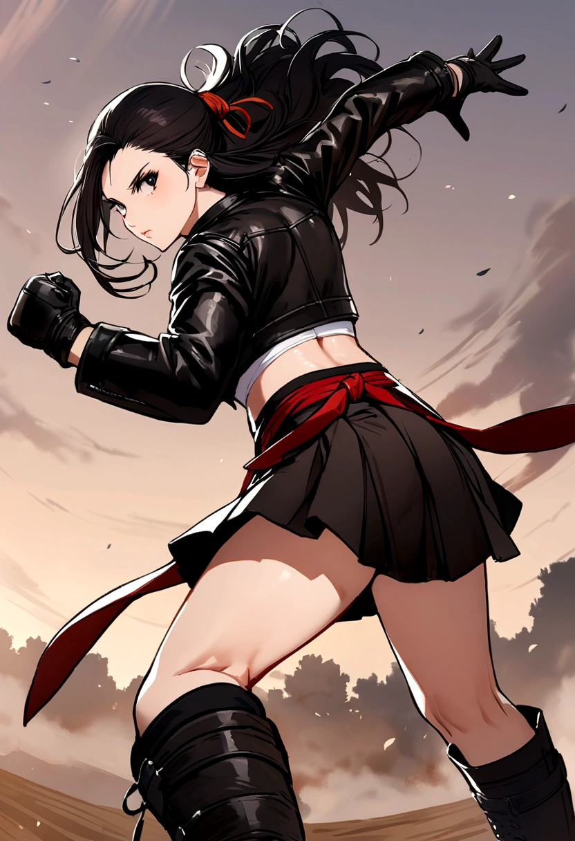 Female martial arts fighter with beautiful appearance and with long black hair and black eyes wearing skirt and undershirt and leather jacket and black gloves and combat boots