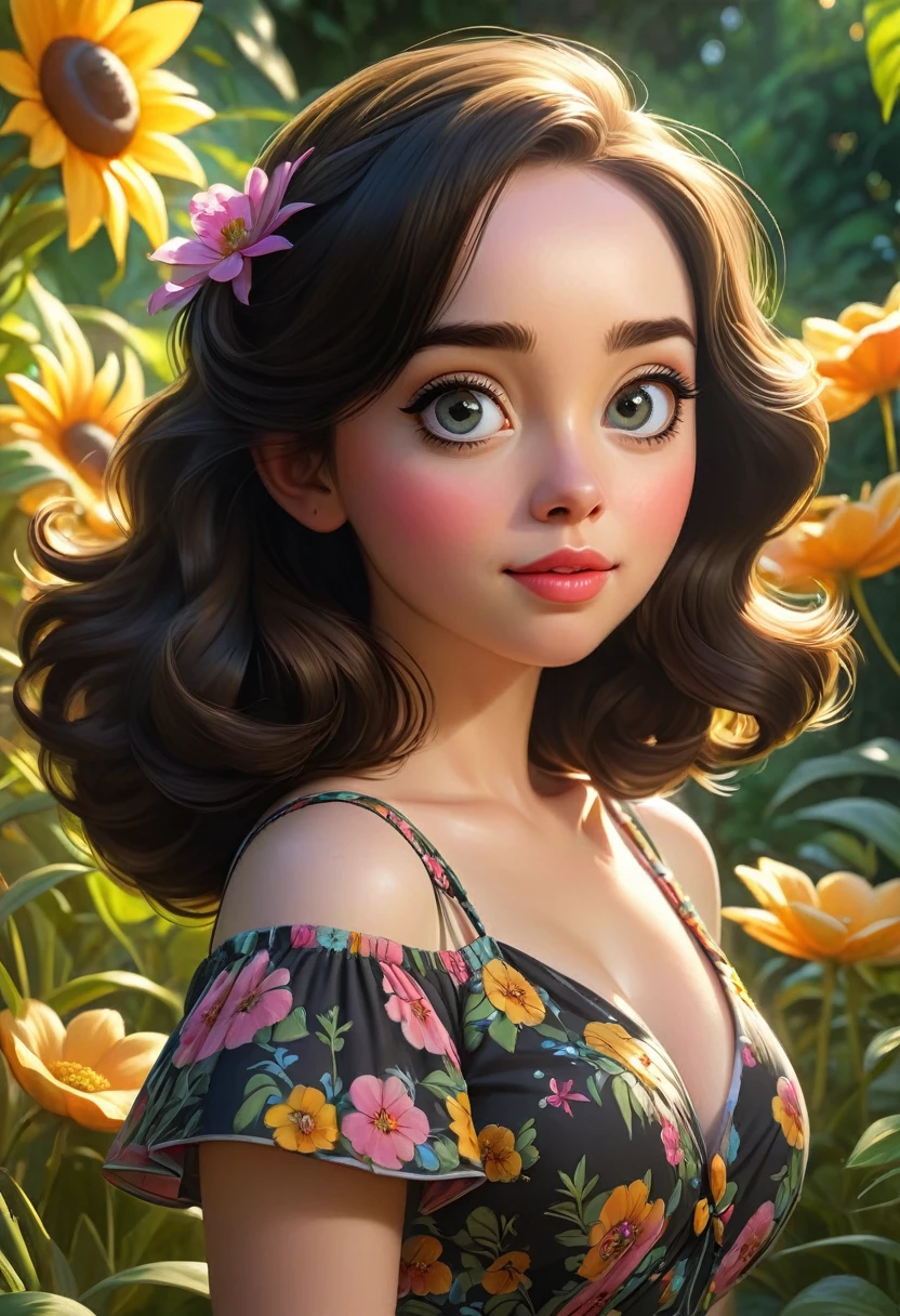 Adorable, Woman,big-eyed woman, round face. promenent lips. Smileing,In the garden,Her hands are behind her...., , large ass, wearing a cute sun dress. Picture from the side,looking at the scenes, intense colors, Very valuable details, complex details, volumetric lighting, digital art, 8k, trending on Artstation, Clear focus, complex details, highly detail, Greg Rutkowski Big Eyes, high-resolution, Black hair. Anna Popplewell
