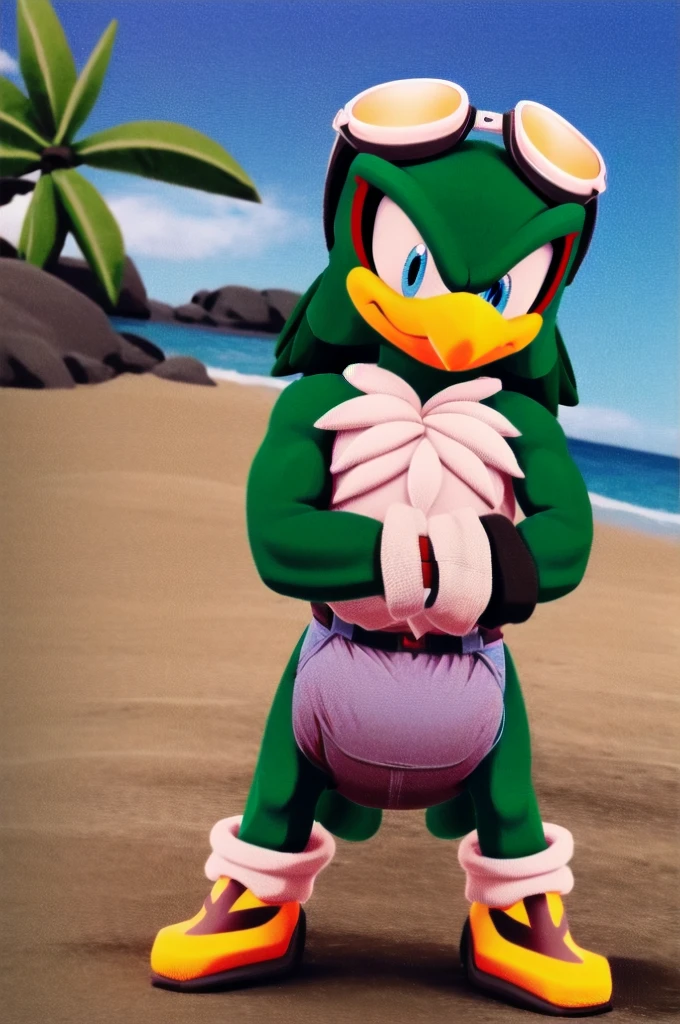 jetthehawk, furry male anthro, bird boy, solo, (best quality), (detailed fluffy feathers:1.1), goggles, muscular, grin, messy diaper, visible bulge, beach, 3D Render, colourful, (beautiful), (masterpiece), cinematic CGI screenshot