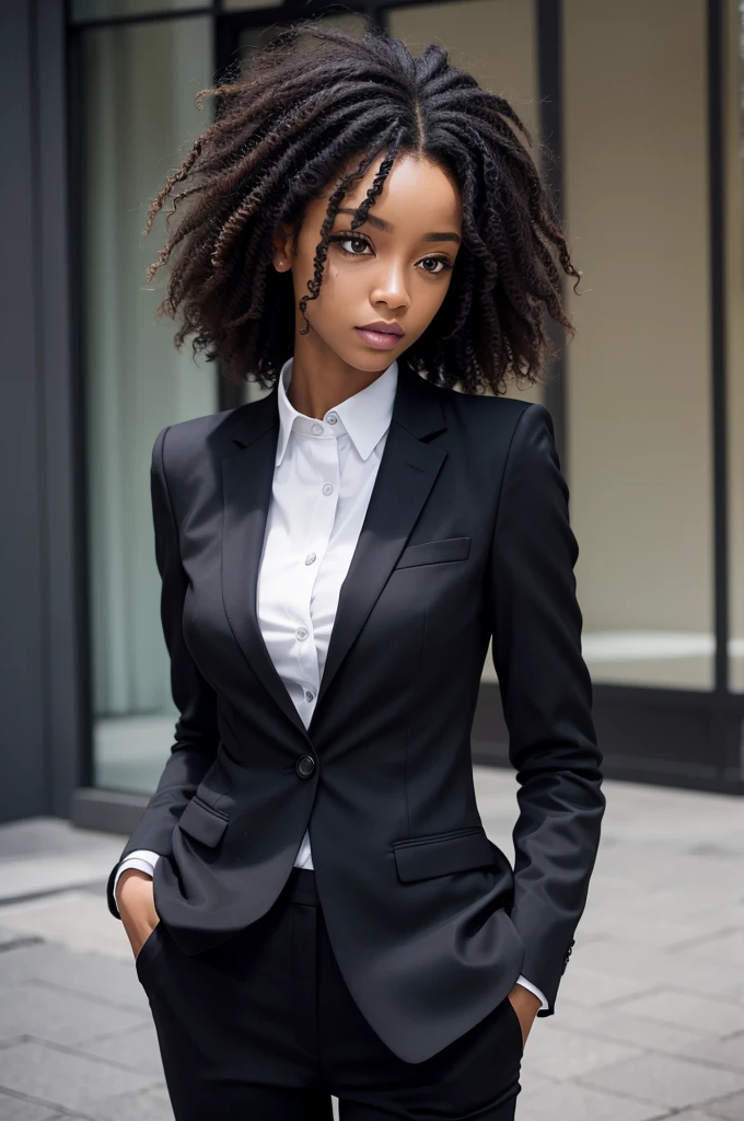 black woman, slender, stark, stylish, posh, medium curly hair, suit
