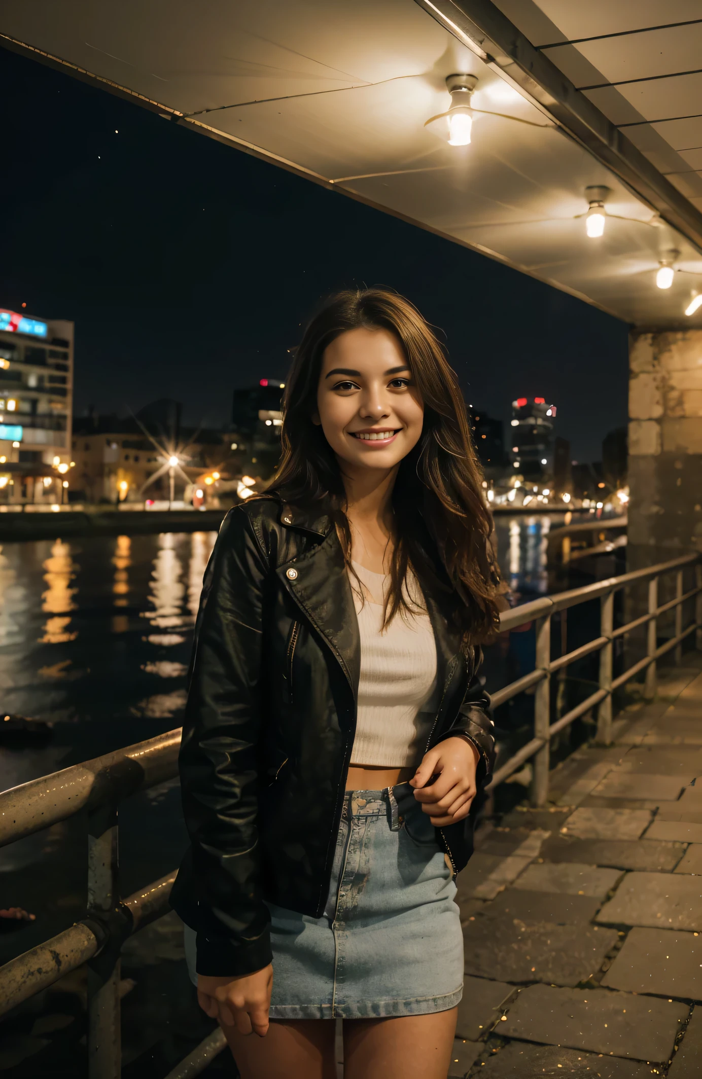 a girl standing in front of a city river,night time,lighting,she looks buttyful and happy