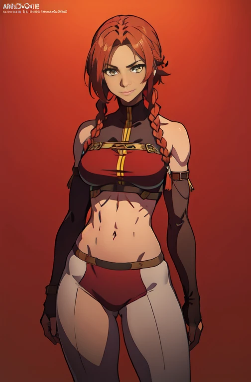 muscular girl,, ((1woman)), medium breasts, (yellow eyes), red hair, short hair,(( long twin_low_braids)), dark skin:1.3 , smirking , red tunic, gray leggings , ((detailed eyes, perfect eyes)), detached sleeves, dark red hair, standing, tall, confident 