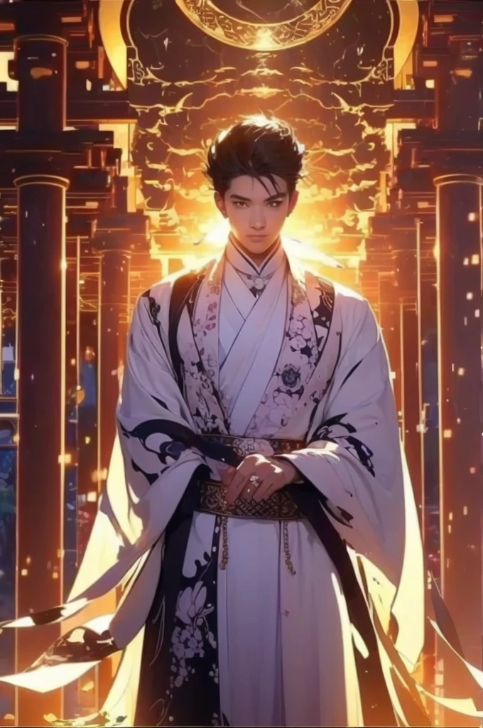 a man in a white robe, young and handsome man, ponytail, waist-length hair, ancient Chinese clothing, qi, a huge saber, ancient Chinese buildings in the background, night, powerful character, purple rays, a beautiful landscape. Detailed face, thick eyebrows, black eyes, 8k, robe embroidered with gold edges, detailed clothing, xianxia, world of cultivation. ((upper body))