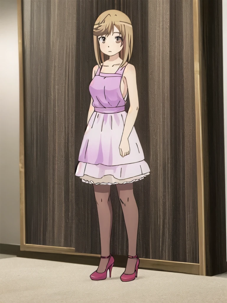 Anime style, {{standing portrait}}, full body, {{woman around 30}}, adult woman, single woman, single adult woman, young woman, standard boobs, medium boobs, normal , {{medium hair}}, shoulder length hair, {{beige blonde hair}}, large eyes, cute eyes, {{brown eyes}}, {{droopy eyes}}, hostess dress, random color fashion coordination, stockings, high heels, masterpiece, high quality, high quality, Bad anatomy, reddish purple with plain background