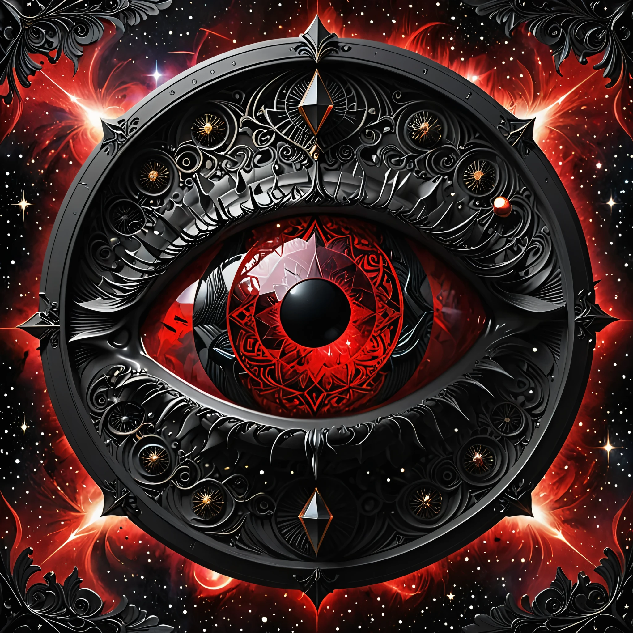 A high-resolution image red and black color. (1eye) very biggest, intense and piercing, set against a backdrop of The (scale:1.8) form intricate, complex patterns representing wisdom and the universe. Interspersed among the scale are black gems, their facets catching light and adding depth. The background is a cosmic scene with stars and nebulas, enhancing the theme of the universe. The lighting is soft, highlighting the red eyes and the gleaming black gems, creating a mystical and profound atmosphere.