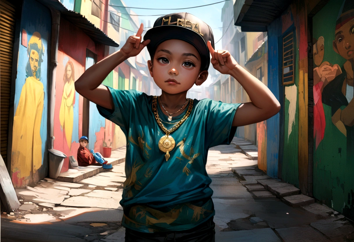 boy wearing snapback hat , and gold hip hop chain with pendant "84", pose ,hyper realist, colors of brazil in the favela