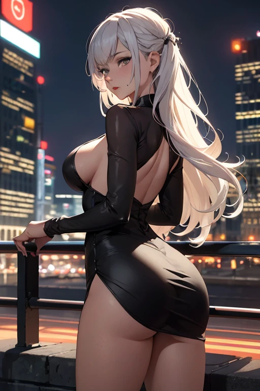 masterpiece, best quality, shadows, perfect hands, perfect legs, perfect anatomy, pretty face, mature features, 1 girl, 21 years old, mature woman, cat girl, sexy black dress, city night background, white long hair, thighs, ass, breast, seductive, spicy, posing, cinematography lights,