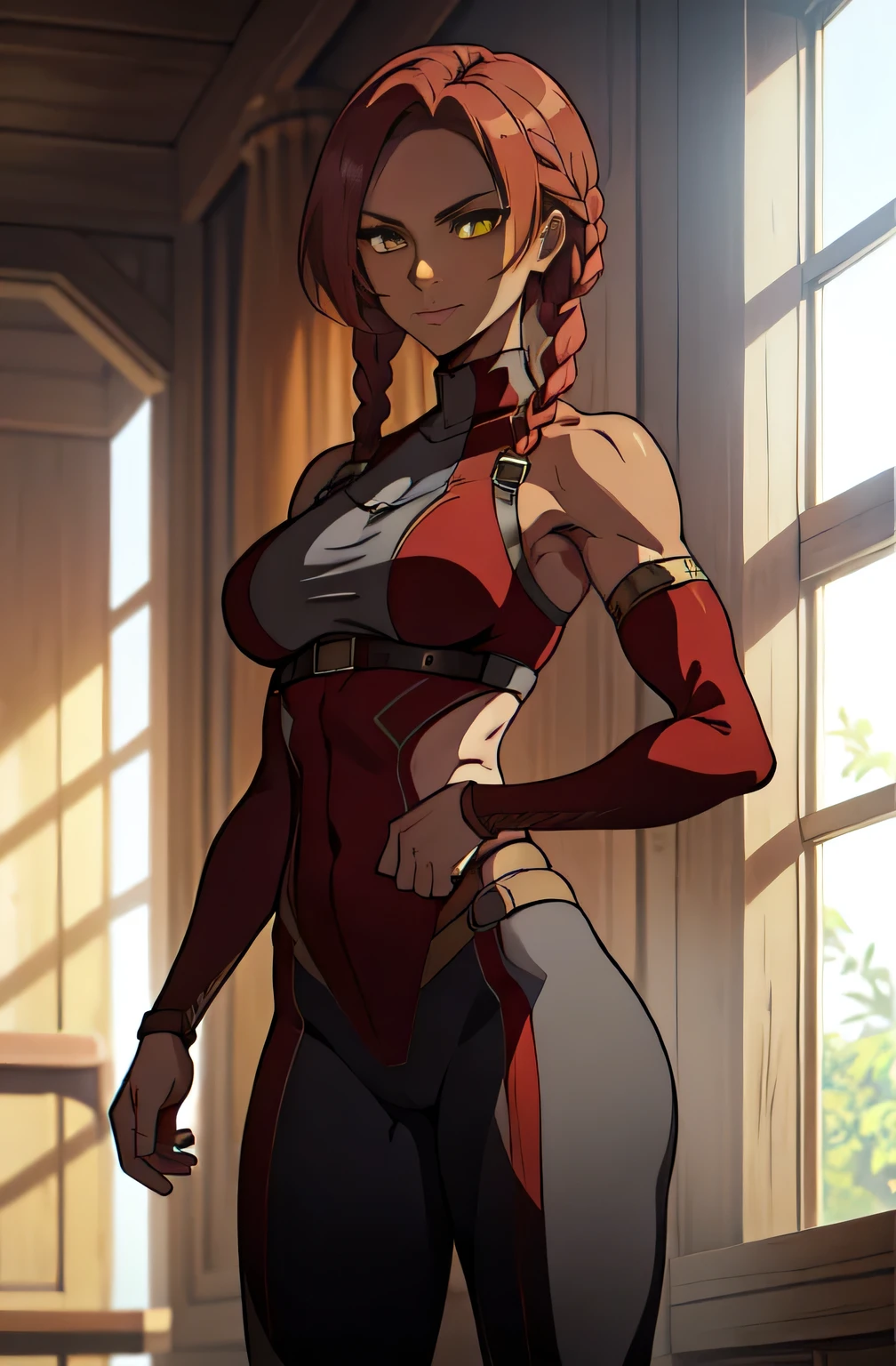 muscular girl,, ((1woman)), medium breasts, (yellow eyes), red hair, short hair,(( long twin_low_braids)), dark skin:1.3 , smirking , red tunic, gray leggings , ((detailed eyes, perfect eyes)), detached sleeves, dark red hair, standing, tall, confident 