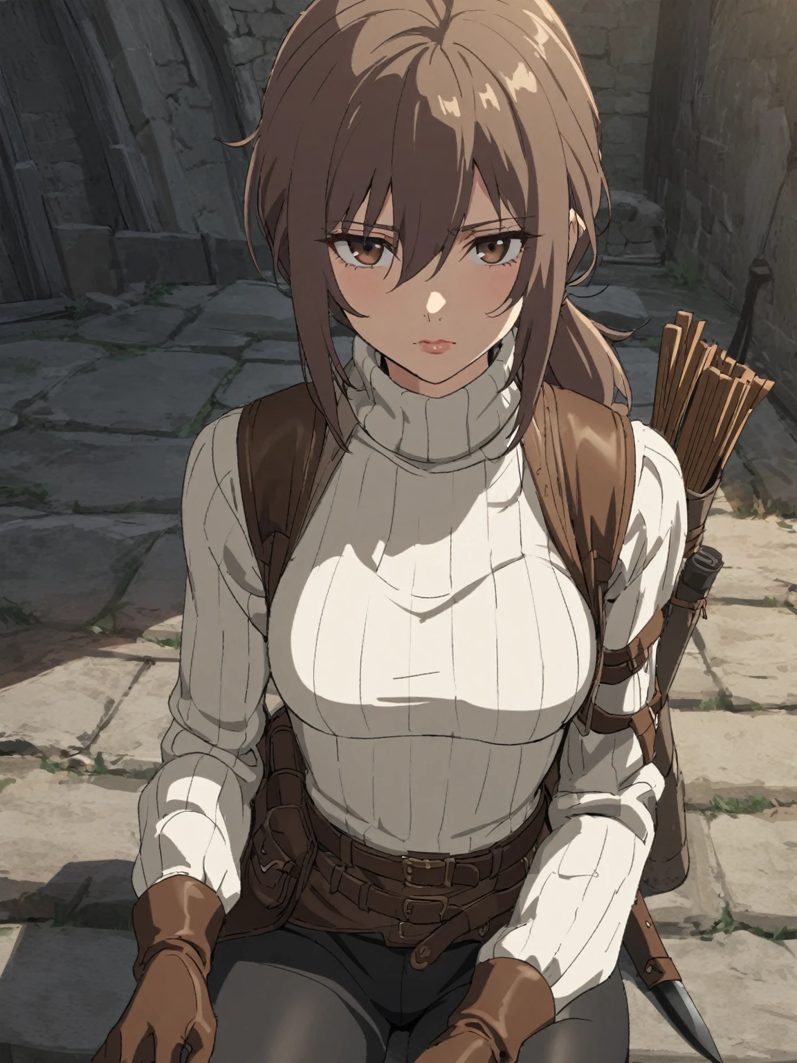 {{upper body}} {{Artist: sincos}} 11 girl, solo, black pants, thief, leather boots, brown hair, brown eyes, long sleeves, brown leather gloves, sanpaku, knife holster, sitting, short hair, hair between eyes, long sleeved (white turtleneck sweater:1.3), expressionless, belt pouch, blank eyes, toned female, quiver, brown vest, long bangs, medium breasts, lips, low ponytail, lips, adult woman, pov, medieval fantasy.